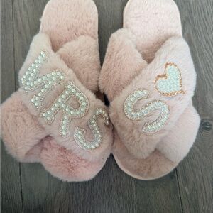Pink Fuzzy “MRS S” Slippers with Pearl Accents